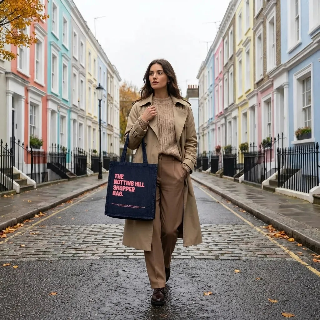 The Notting Hill Pink Logo Navy Denim Shopper Bag