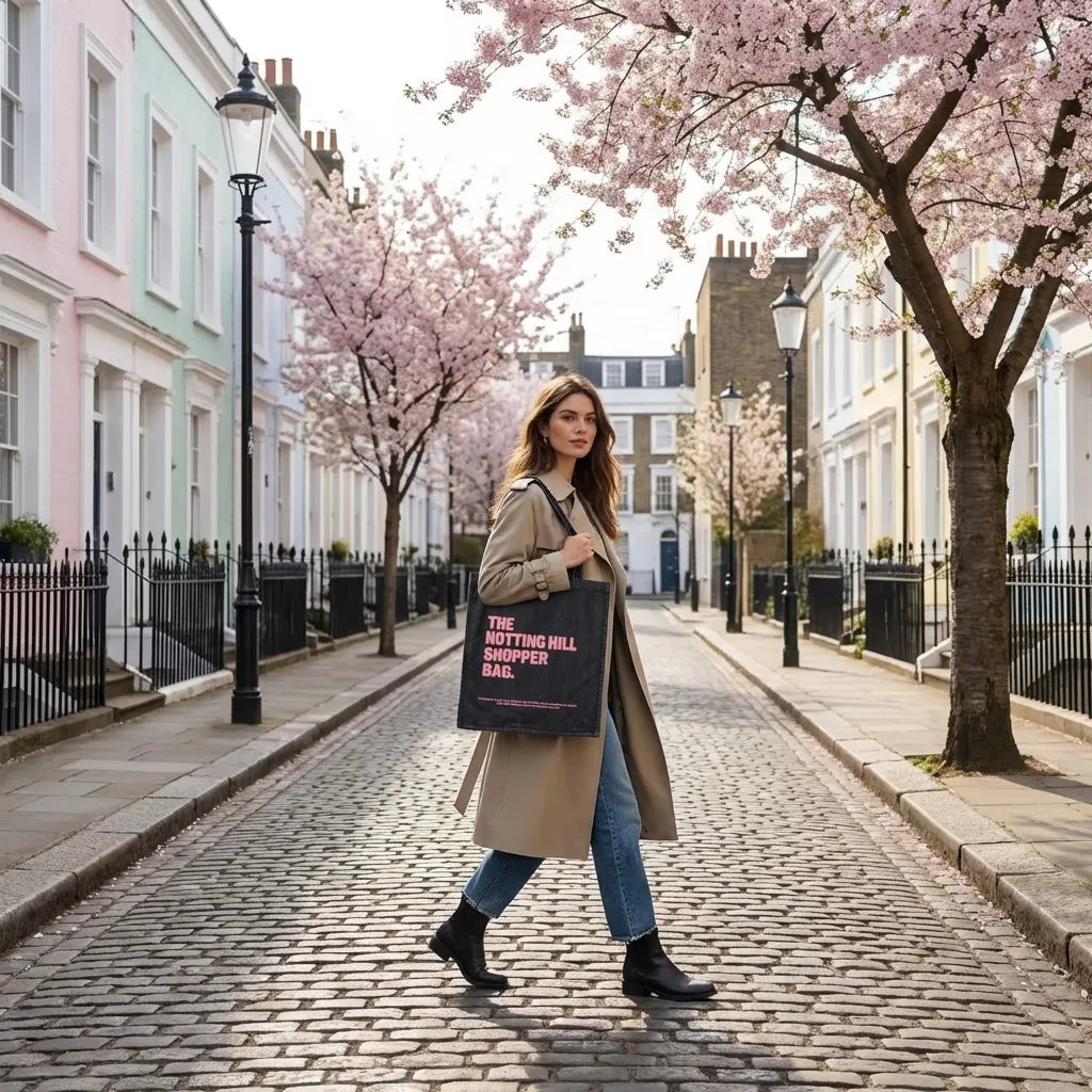 The Notting Hill Pink Logo Black Denim Shopper Bag