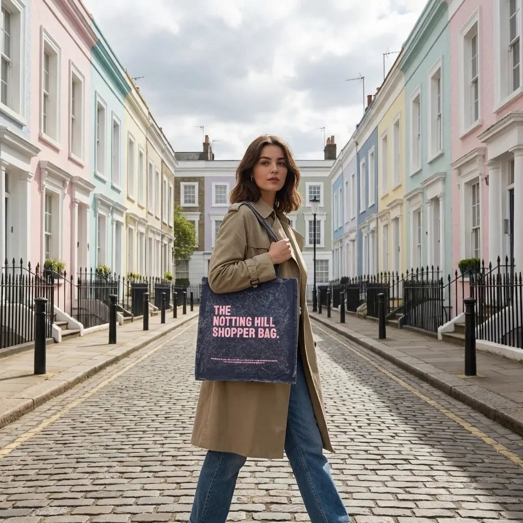 The Notting Hill Pink Logo Marble Denim Shopper Bag