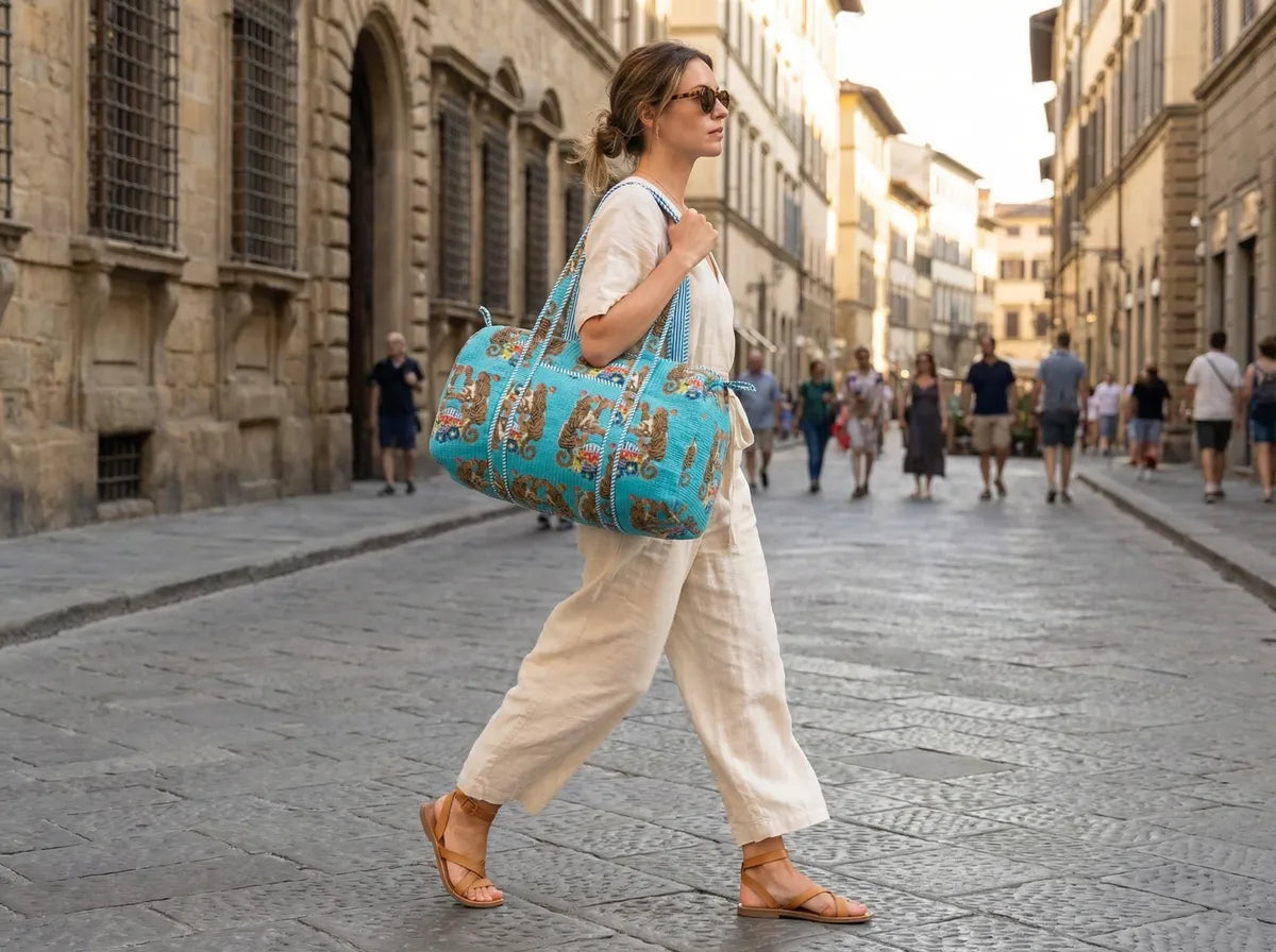 Turquoise Jungle Reverie Quilted Duffle Bag-2