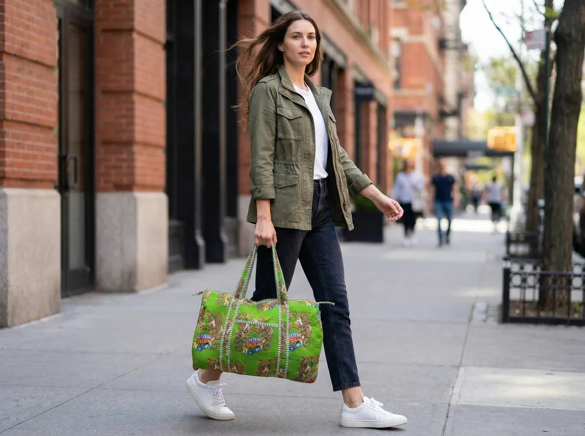 Emerald Jungle Reverie Quilted Duffle Bag-2