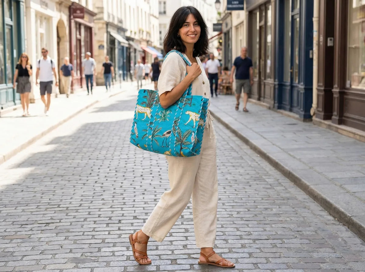 Turquoise Safari Quilted Reversible Tote-zoom-4