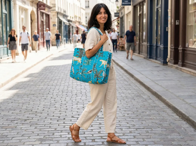 Turquoise Safari Quilted Reversible Tote-zoom-