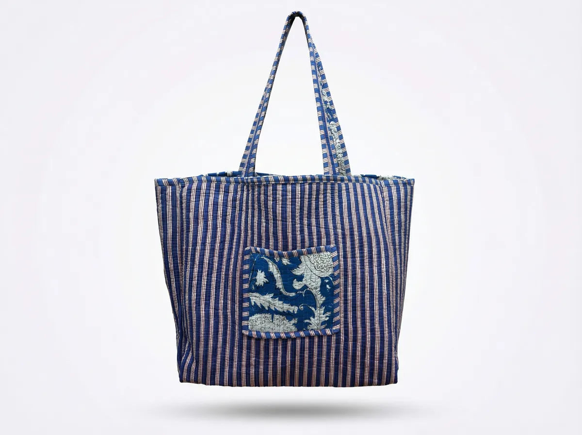 Indigo Bloom Quilted Reversible Tote