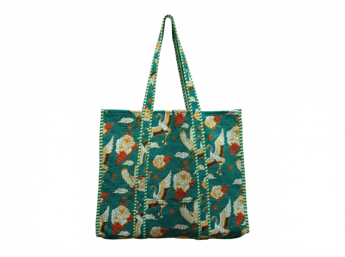 Emerald Crane Garden Quilted Reversible Tote