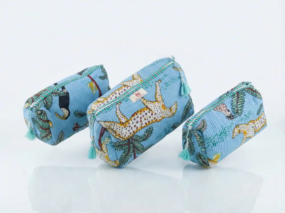 Azure Safari Quilted Travel Pouch Trio
