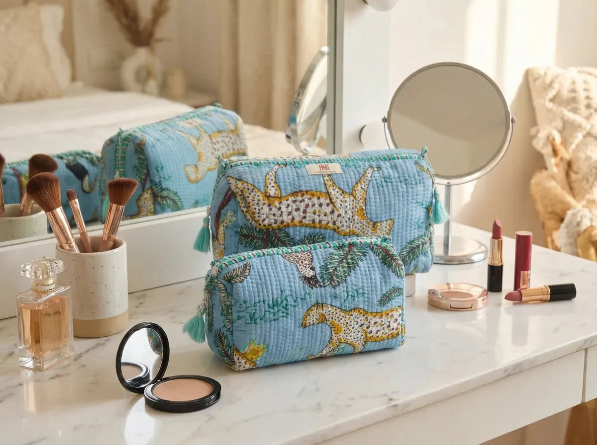 Azure Safari Quilted Travel Pouch Trio