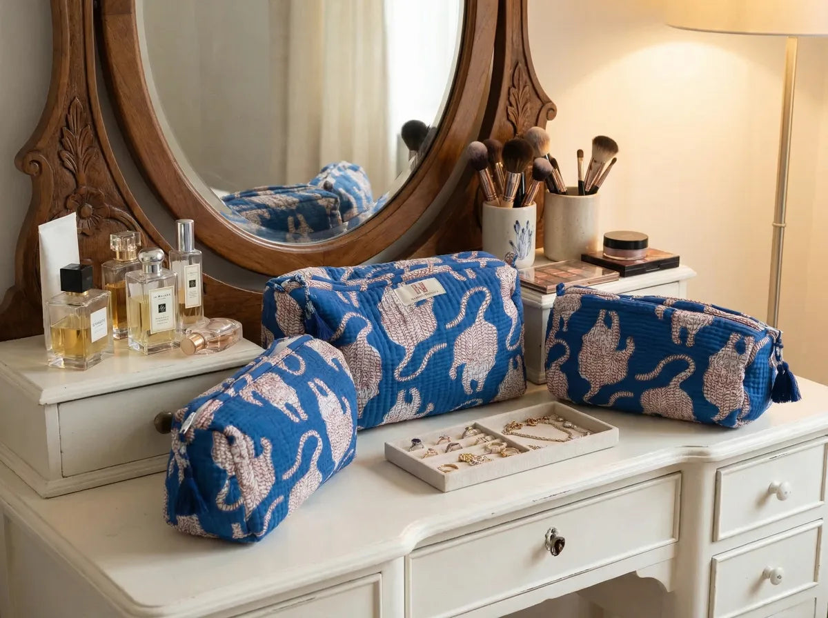 Indigo Safari Quilted Travel Pouch Trio
