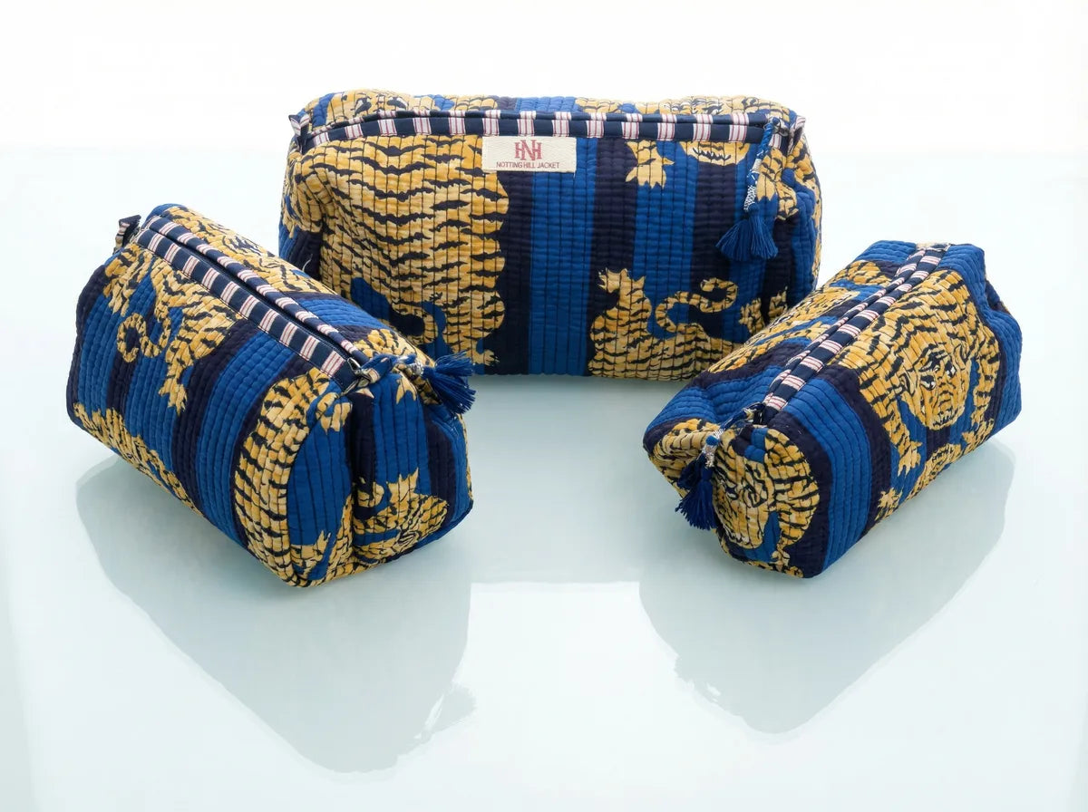 Royal Sapphire Tiger Quilted Travel Pouch Trio