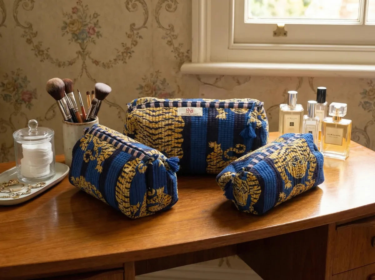Royal Sapphire Tiger Quilted Travel Pouch Trio