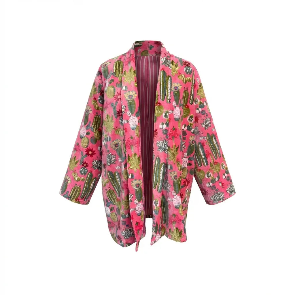 Short Pink Desert Garden Velvet Kimono Robe-zoom-1