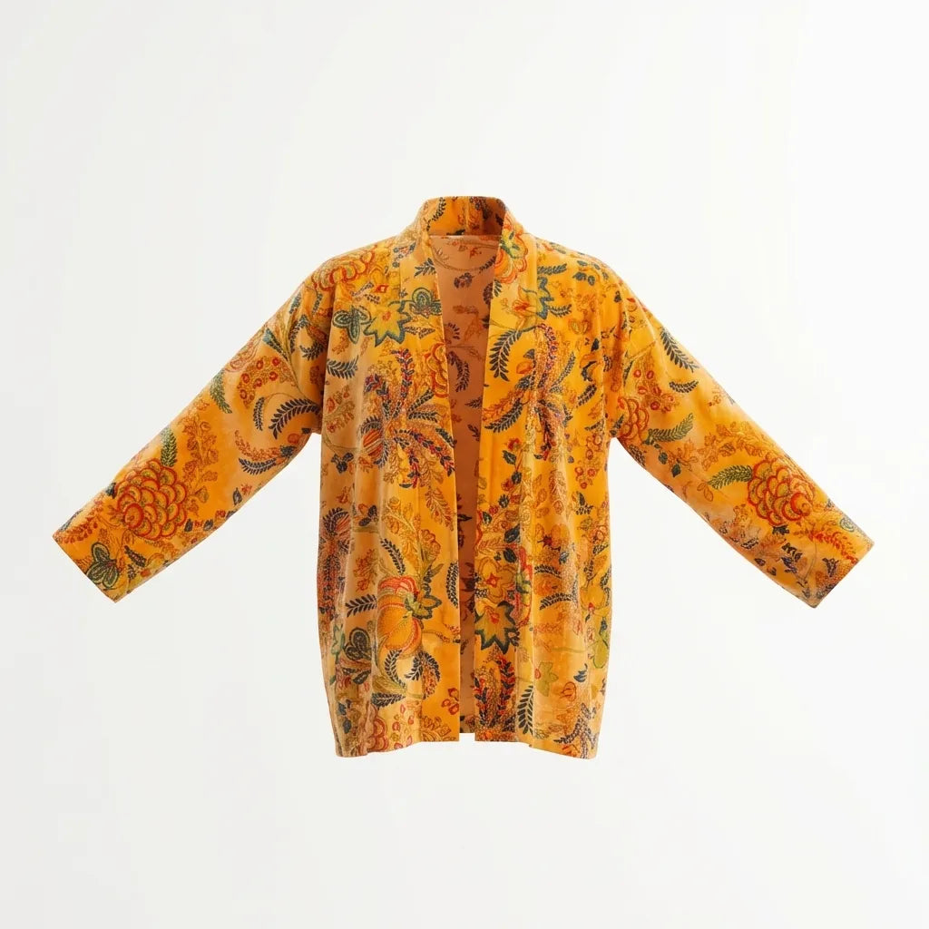 Short Golden Paisley Velvet Kimono Robe-1