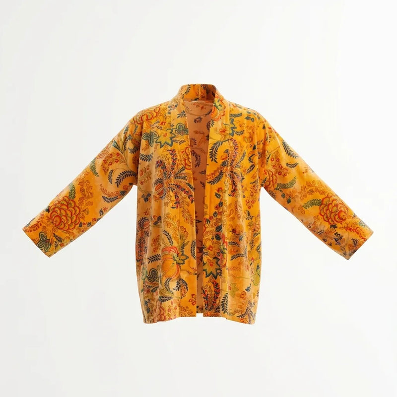 Short Golden Paisley Velvet Kimono Robe-zoom-