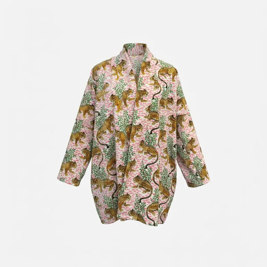 Short Blush Leopard Velvet Kimono Robe-1