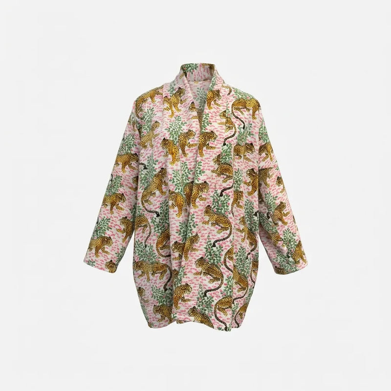 Short Blush Leopard Velvet Kimono Robe-zoom-