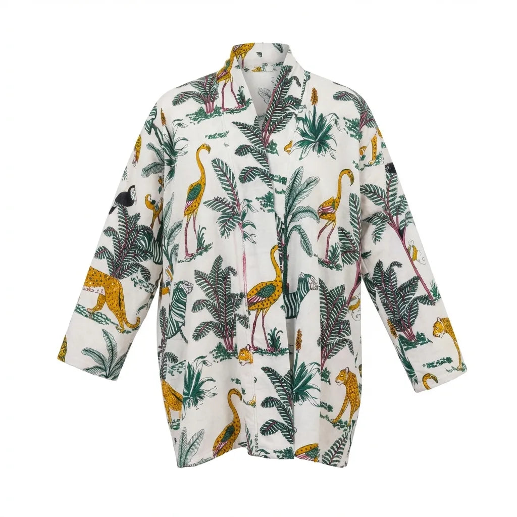 Short Tropical Safari Velvet Kimono Robe