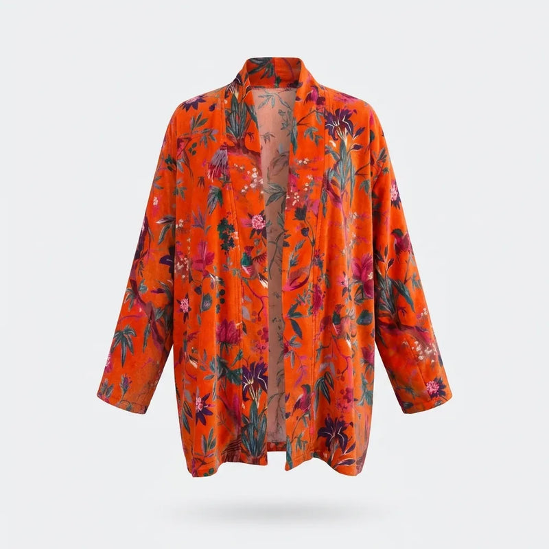 Short Scarlet Garden Velvet Kimono Robe-zoom-