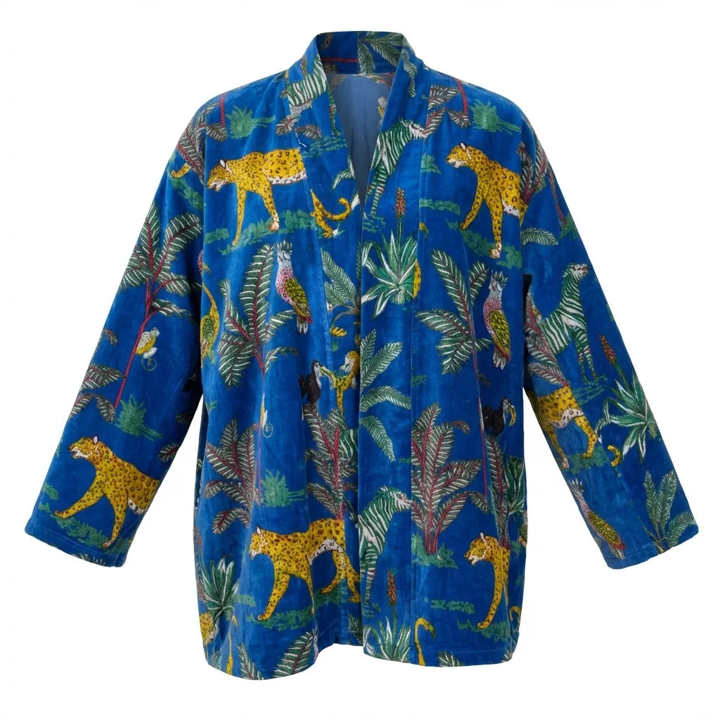 Short Midnight Jungle Velvet Kimono Robe-zoom-1