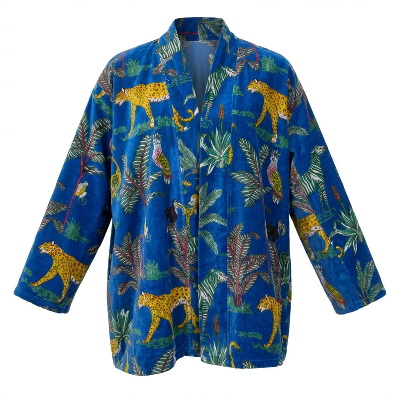 Short Midnight Jungle Velvet Kimono Robe-zoom-