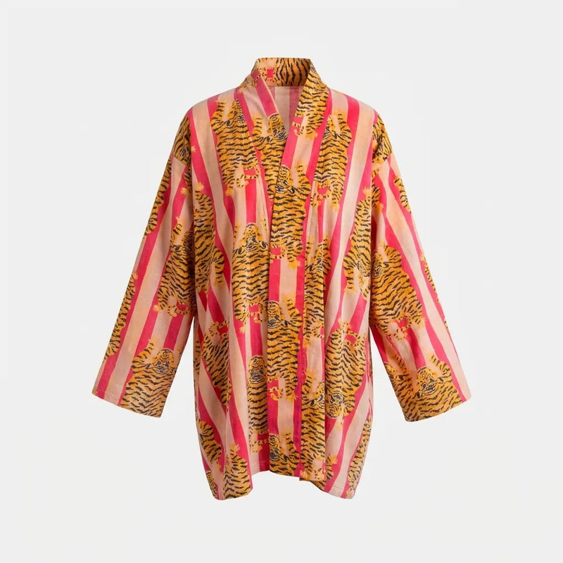 Short Blush Tiger Velvet Kimono Robe-zoom-