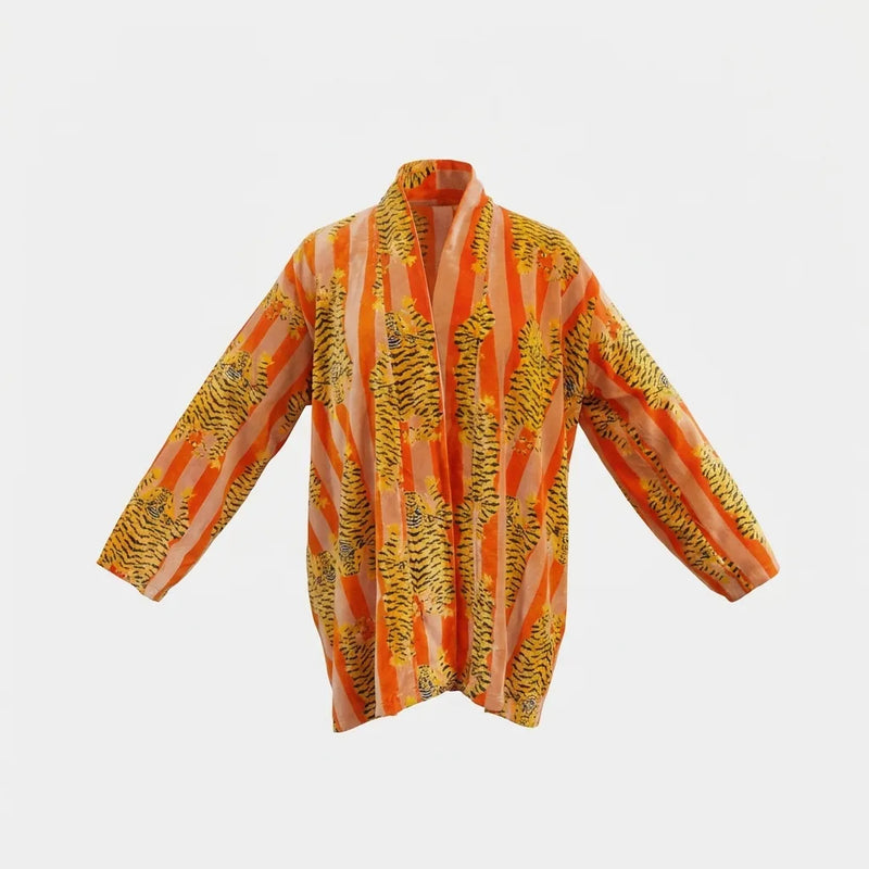 Short Sunset Tiger Velvet Kimono Robe-zoom-