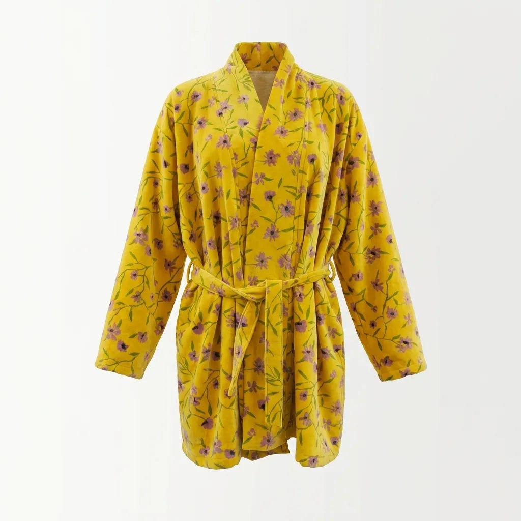 Short Golden Meadow Velvet Wrap Robe-1