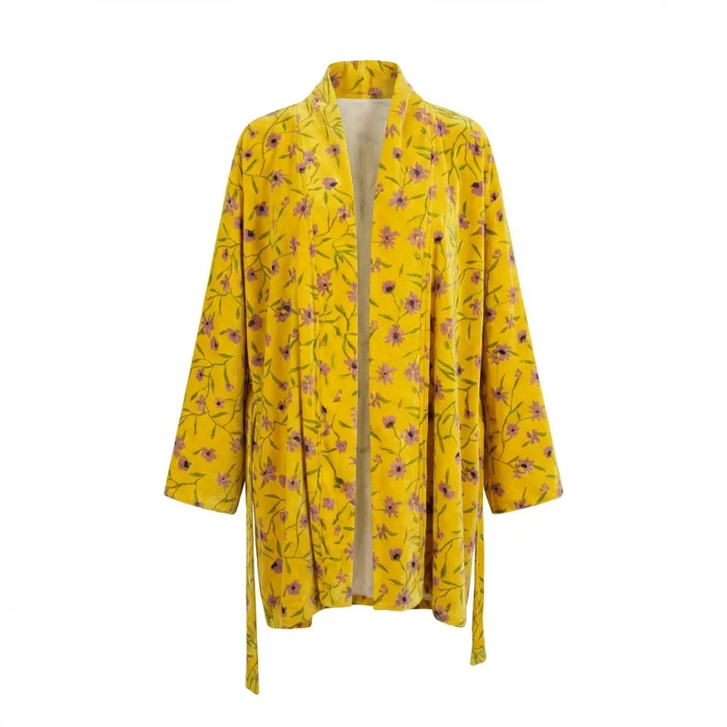 Short Golden Meadow Velvet Wrap Robe-zoom-