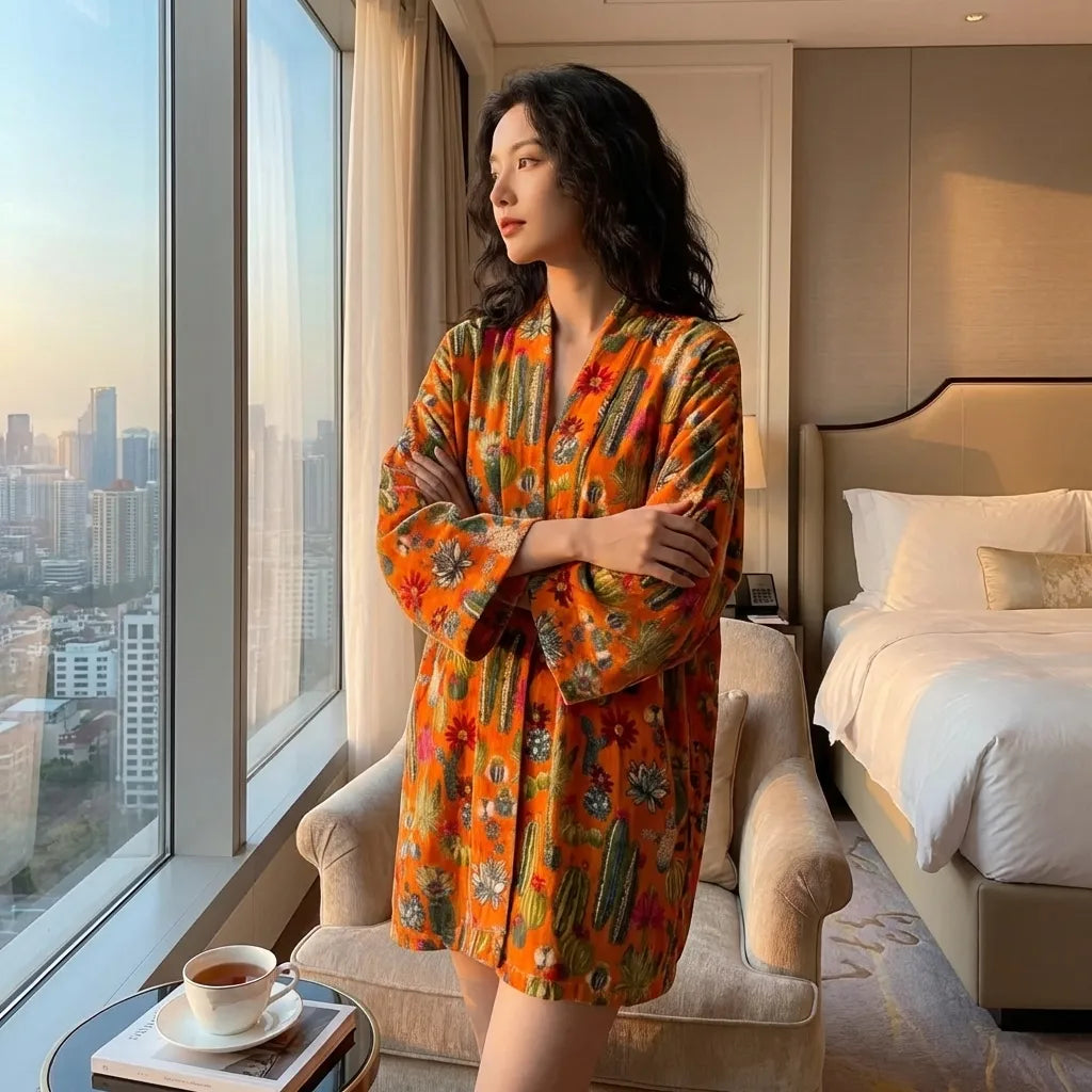 Short Desert Bloom Velvet Kimono Robe