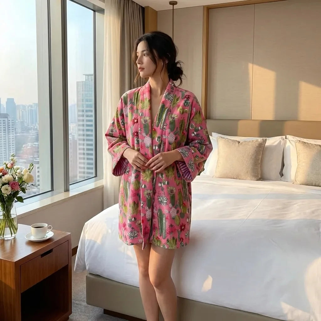Short Pink Desert Garden Velvet Kimono Robe-2