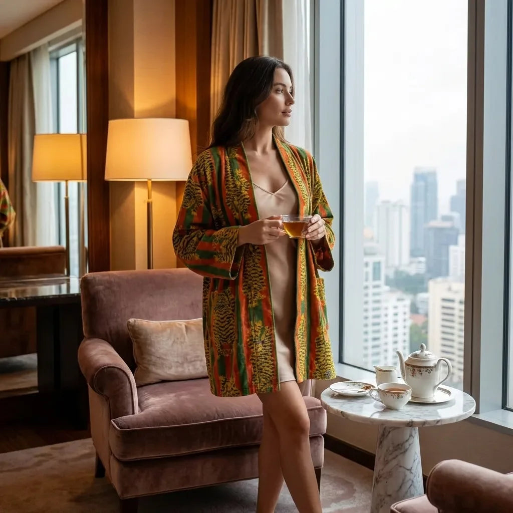 Short Tiger Stripe Velvet Kimono Robe