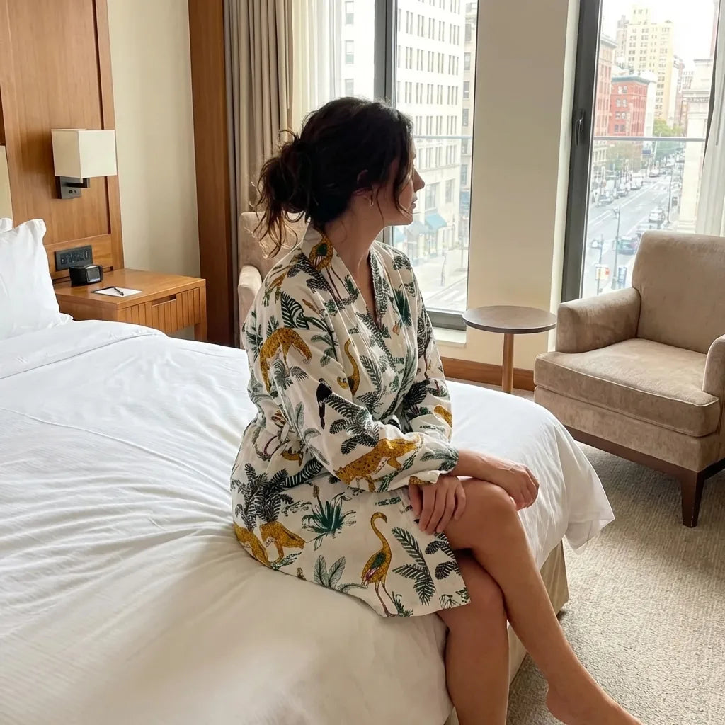 Short Tropical Safari Velvet Kimono Robe