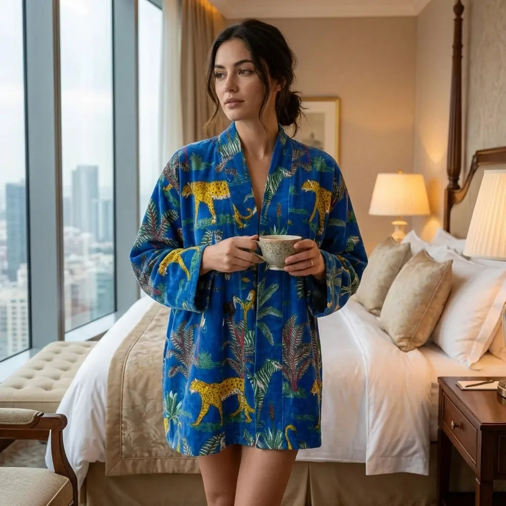 Short Midnight Jungle Velvet Kimono Robe